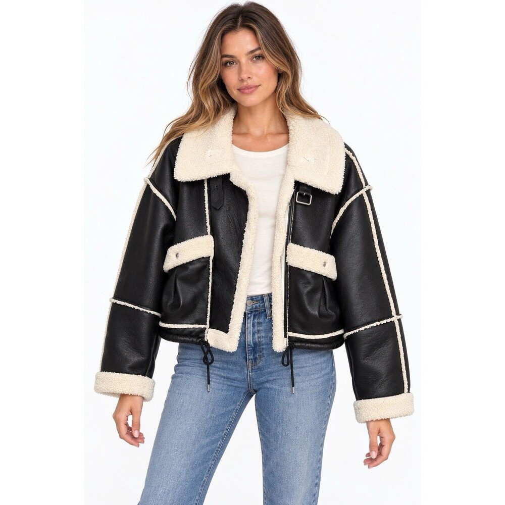 BLANKNYC Womens L Black Faux Leather Sherpa Aviator Jacket Cropped Drawstring F